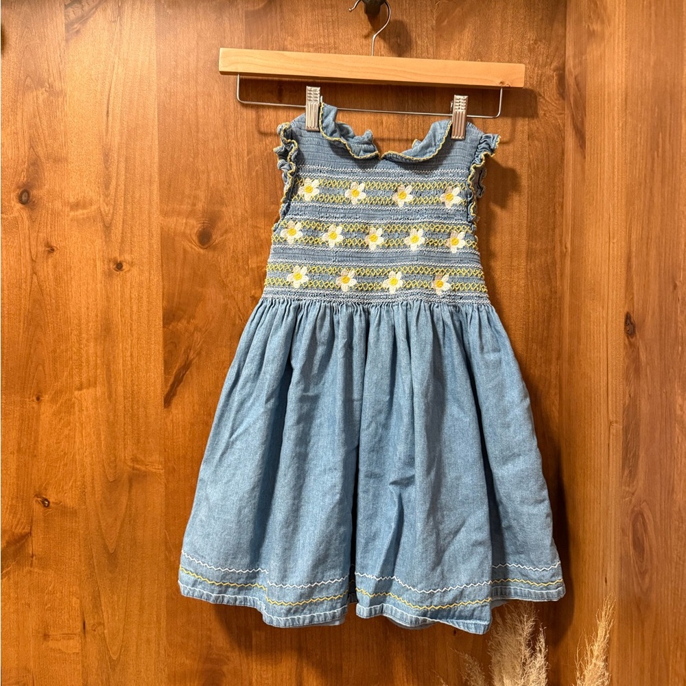 Mini Boden Denim and Yellow Embroidered Dress 5-6T